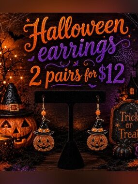 2 pairs Halloween Jack-O'-Lantern Witch Hat Dangle Earrings - Orange & Black